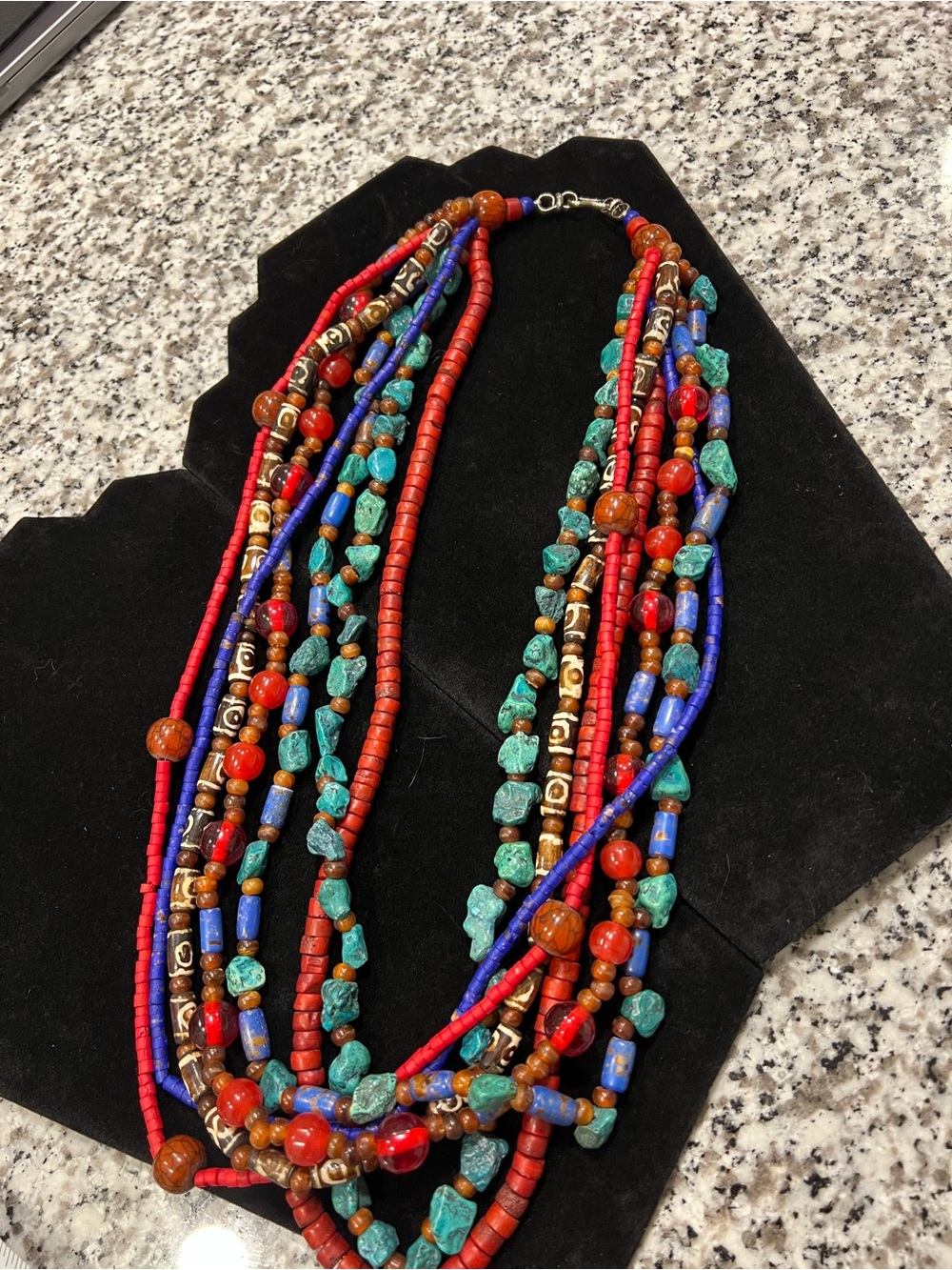 Multistrand Red, Turquoise & Blue Beaded Statement Necklace